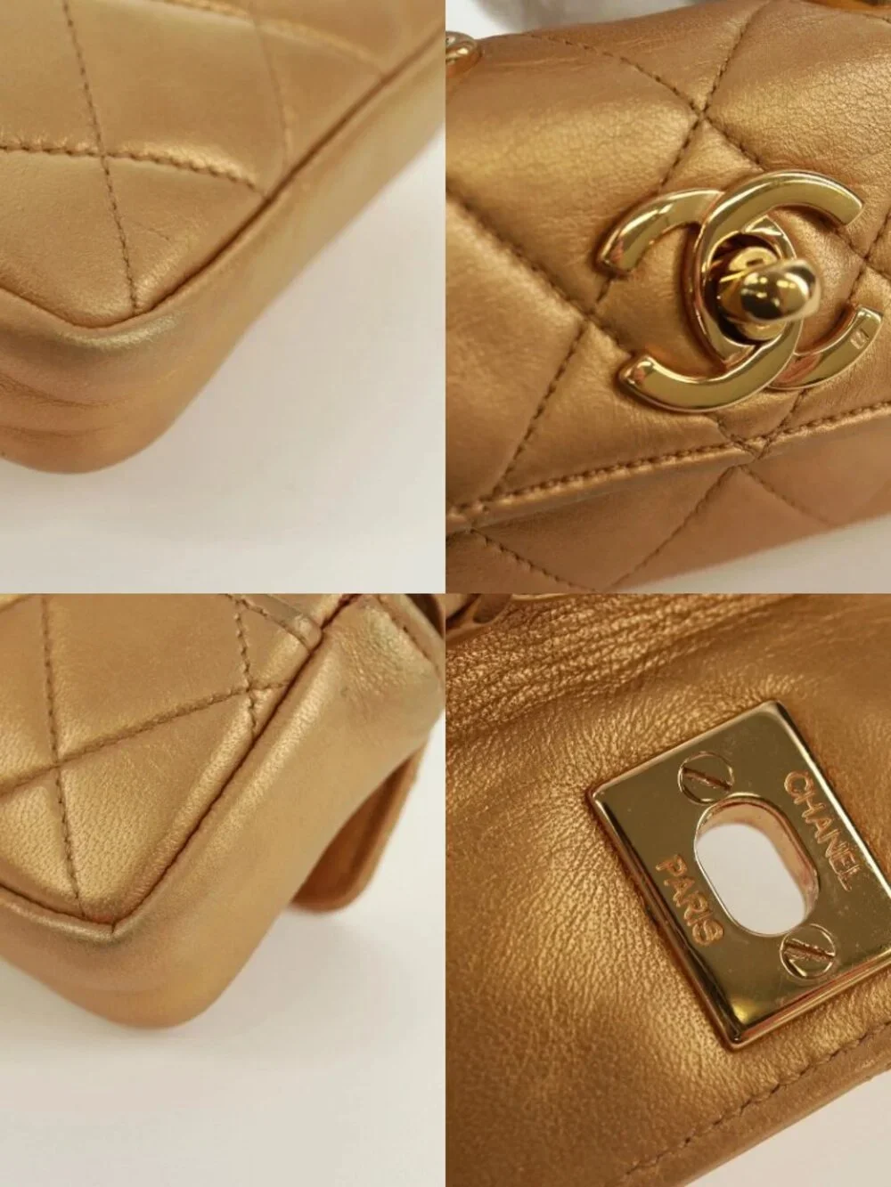 CHANEL Mini Matelasse 10 Chain Handle Pouch Lamb Skin Gold CC Auth 165375V